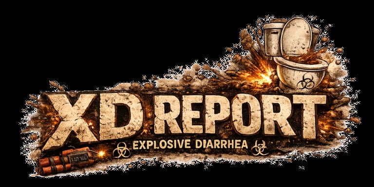 XD Report Explosive Diarrhea logo with vintage diving helmet, dynamite, and weathered western-style design elements