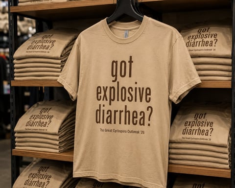 Tan t-shirt with got explosive diarrhea? text displayed on retail shelving with similar stacked shirts