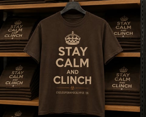 Brown t-shirt with Stay Calm and Clinch text and crown logo on display with matching shirts on shelves behind