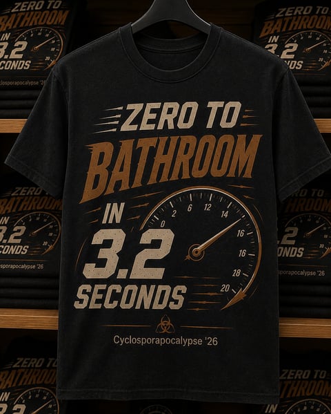 Black t-shirt with tan and gold text reading Zero to Bathroom in 3.2 Seconds, featuring a speedometer graphic design