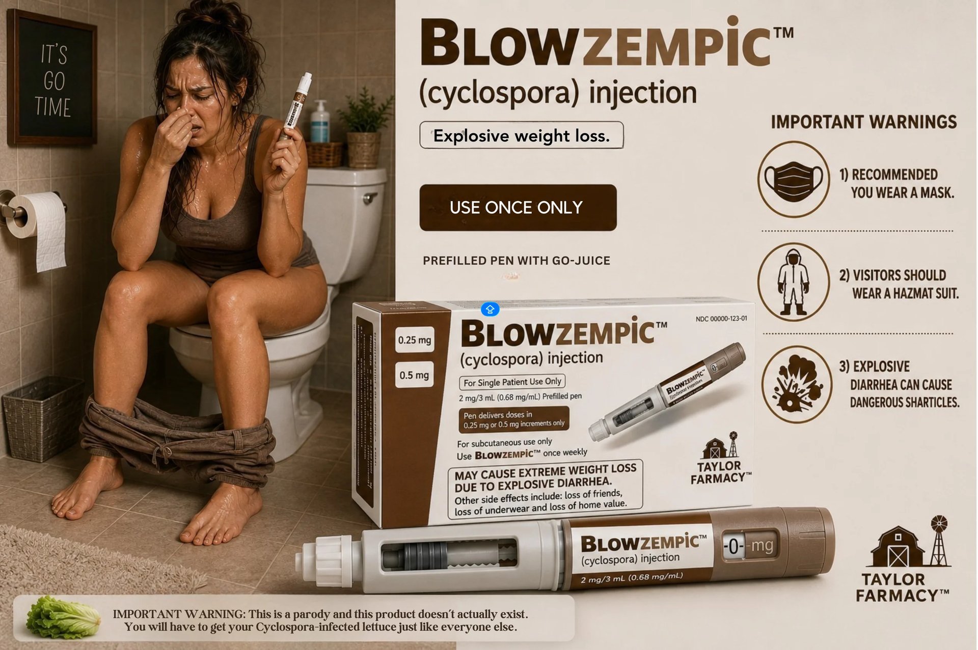 Parody of weight loss injection ad showing person on toilet with fake Blowzempic product packaging and warning labels
