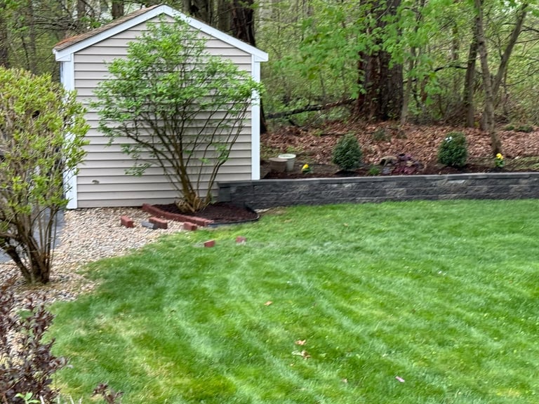 White shed with black retaining wall on grassy yard surrounded by green trees and landscaping