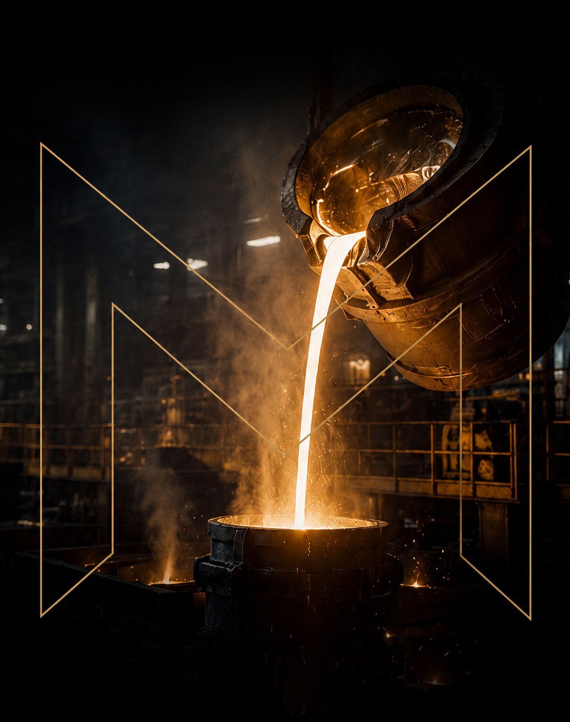 Molten metal being poured from a ladle into a container during industrial steel casting process, with bright glowing stream and sparks