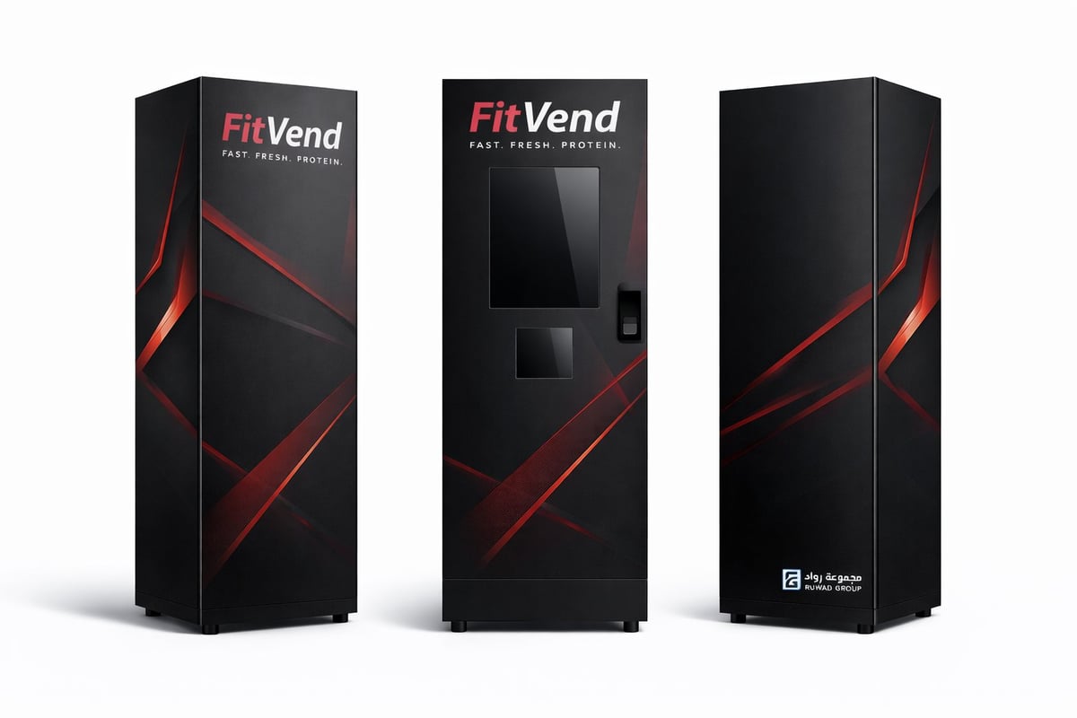 Three black FitVend vending machines with red accent lines and product displays