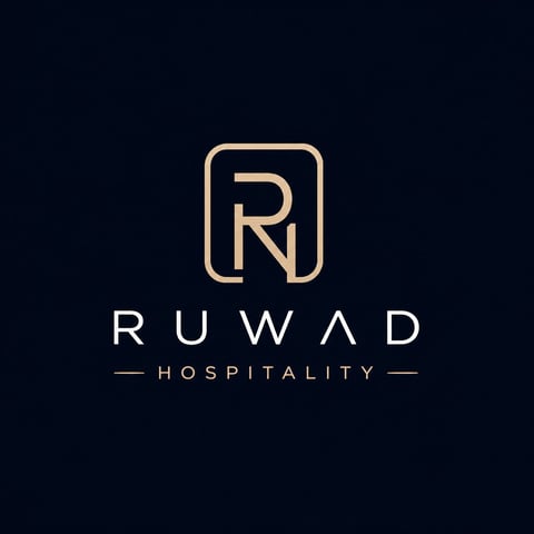 Ruwad Hospitality logo featuring a gold R monogram in a rounded square on dark background