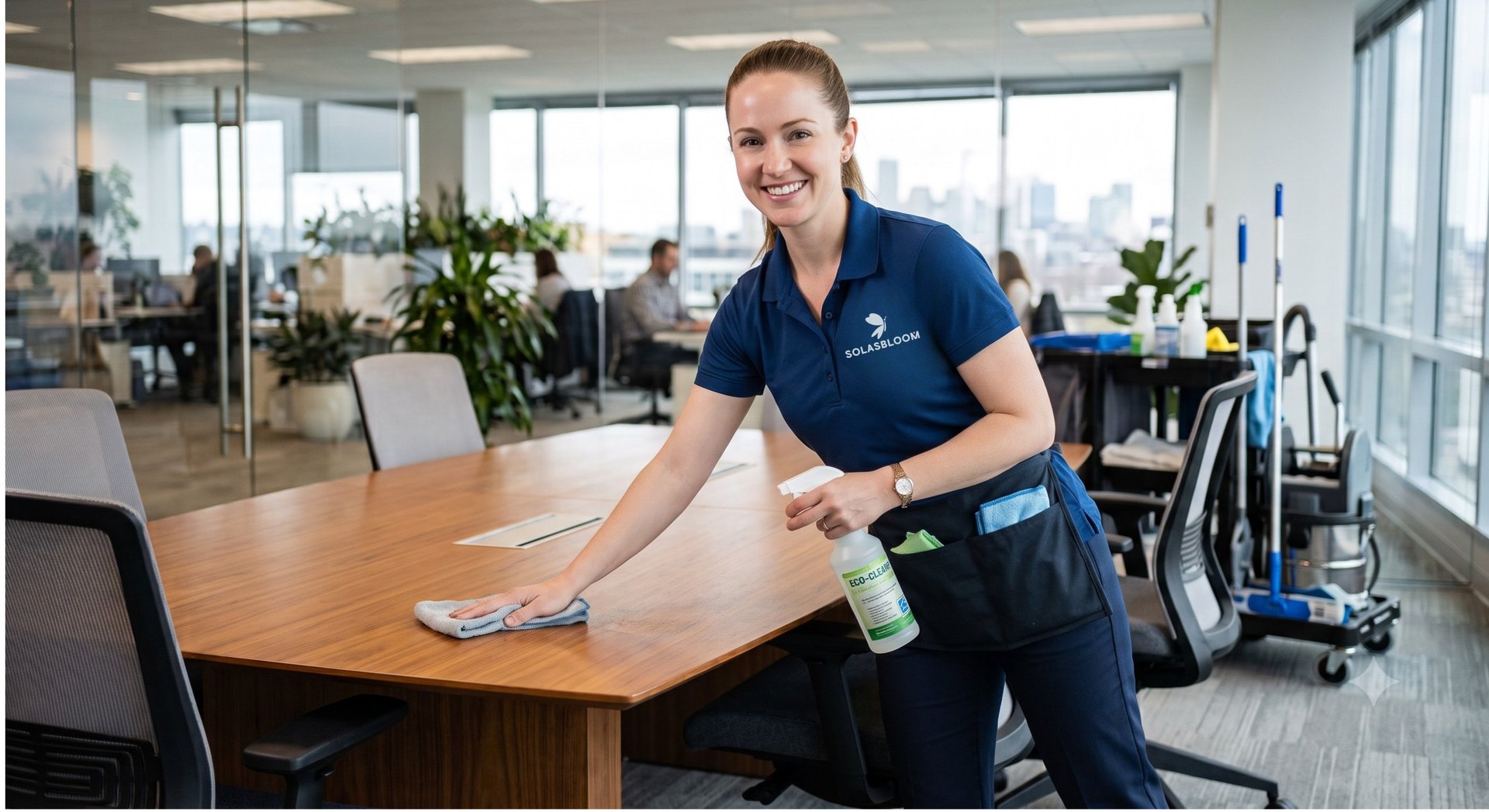 Professional cleaner in blue uniform wiping wooden desk in modern office with city skyline views
