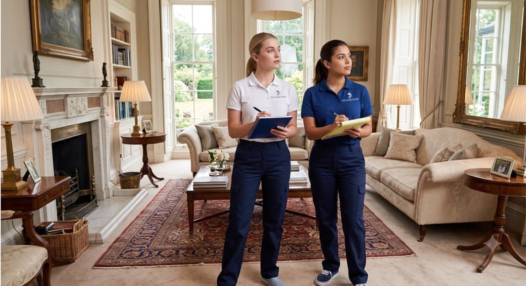 Two women in blue uniforms holding clipboards standing in an elegant living room with fireplace and furniture