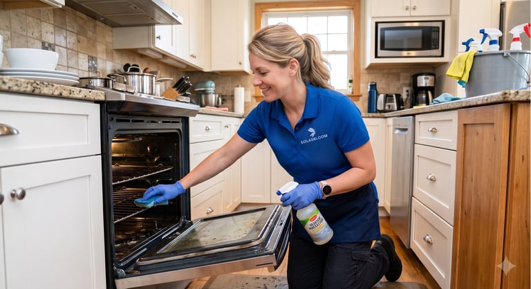 Professional cleaner in blue uniform spraying cleaning solution inside an oven in a residential kitchen