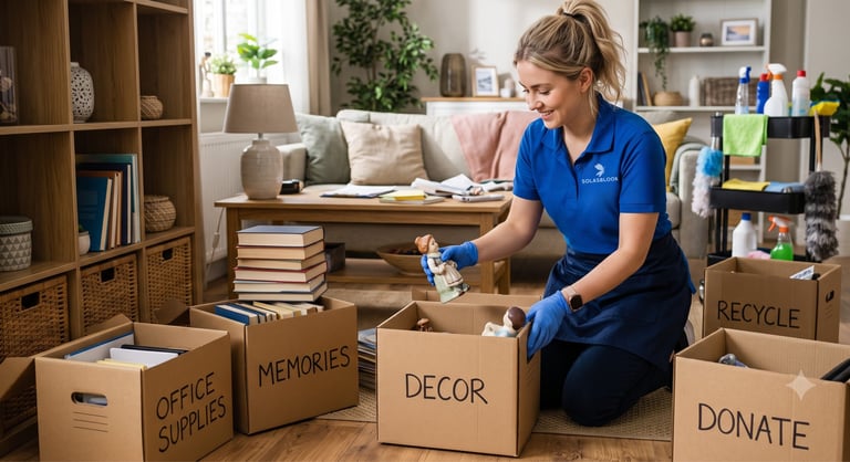 Woman in blue shirt organizing labeled cardboard boxes for decluttering in a living room with furniture and shelving
