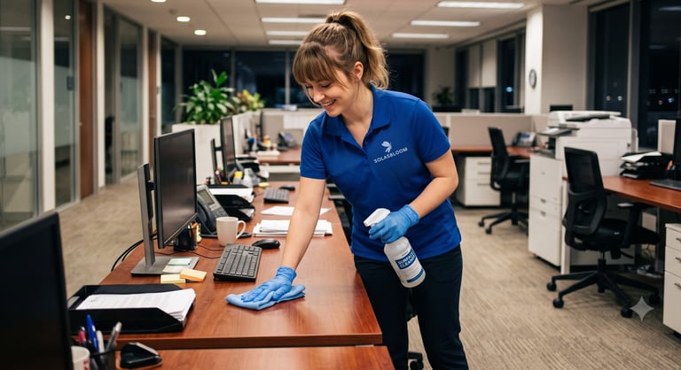 Woman in blue shirt cleaning computer desk surfaces in a modern office workspace