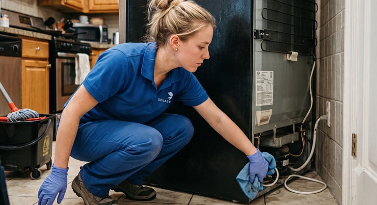 Technician in blue uniform crouching to inspect home appliance under kitchen counter