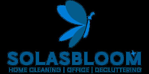 Solasbloom logo featuring a blue butterfly with text Home Cleaning, Office, Decluttering