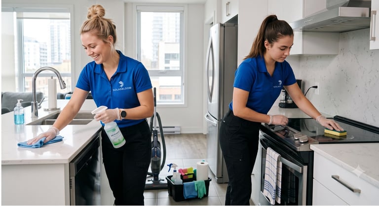 Two female house cleaners in blue uniforms cleaning a modern kitchen with supplies and equipment
