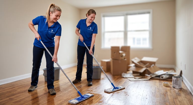 Two workers in blue uniforms mopping a wooden floor in an empty room with moving boxes