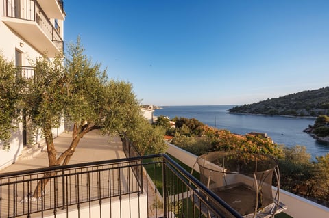Coastal terrace with olive tree overlooking blue Mediterranean sea and forested shoreline