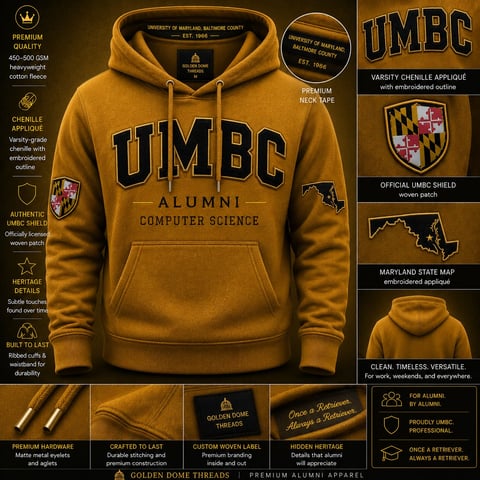 UMBC gold hoodie for alumni in Computer Science with premium chenille appliqué and embroidered official shield patch
