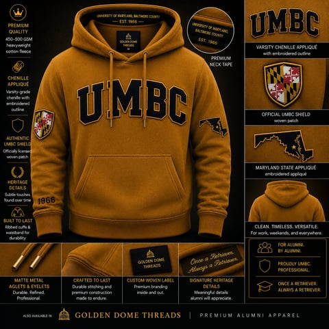 UMBC gold hoodie with navy lettering and university crest, displayed with product details and fabric specifications