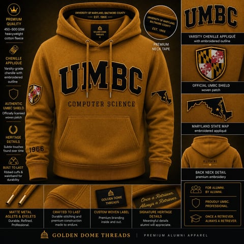 UMBC golden hoodie with Computer Science text, featuring varsity chenille appliqué, official shield, and Maryland state map embroidery