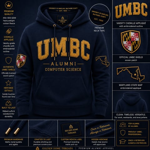UMBC alumni navy hoodie featuring gold embroidered text and official university shield logo details