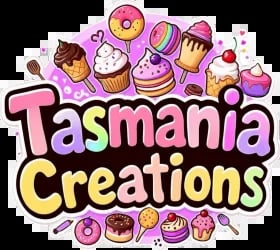 Tasmania Creations logo featuring colorful desserts and baked goods with pink and yellow text