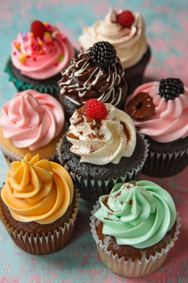 Assorted decorated cupcakes with colorful frosting, fresh berries, and chocolate toppings on a pastel textured background