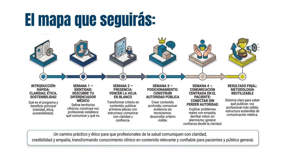 Roadmap showing 6 weeks of digital health learning path with icons representing introduction, telemedicine, diagnosis, patient autonomy, and final results.