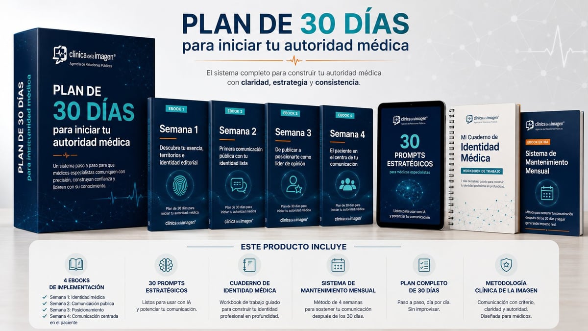 Spanish medical authority program kit showing 30-day plan with training modules, certificates, and resources for healthcare professionals