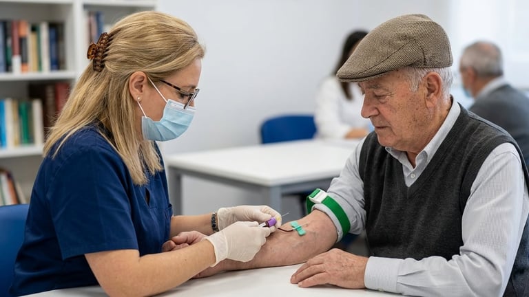 Healthcare worker in mask administering vaccine to elderly man in medical office setting