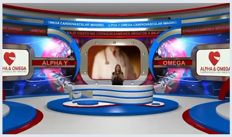 A vibrant TV studio set with blue and red curved elements, Alpha Y Omega branding, and a central screen displaying a person