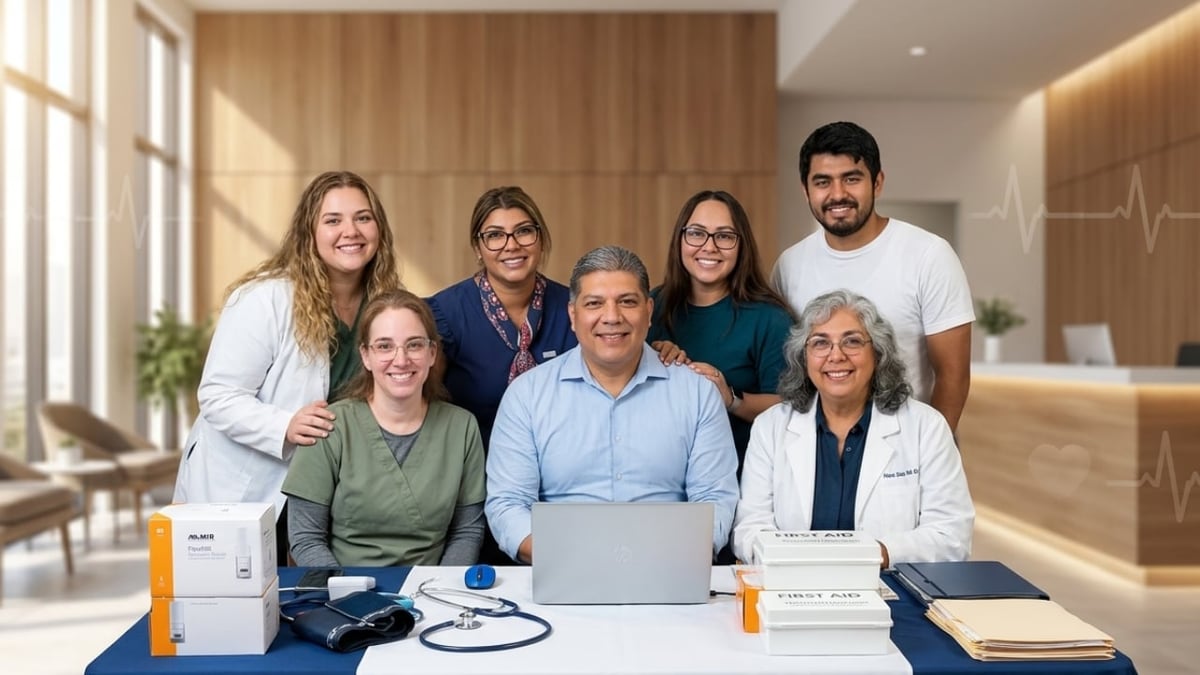 Team of healthcare professionals posing together in a modern medical office with equipment on desk