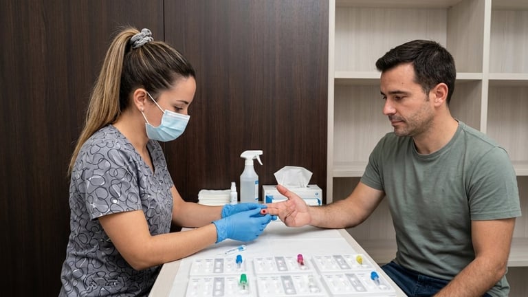 Healthcare worker in mask and blue gloves applying hand sanitizer to mans hand at clinic counter