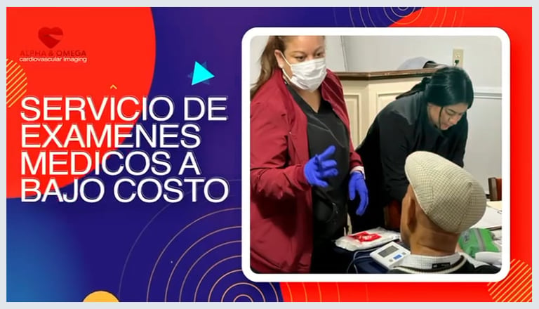 Medical examination service advertisement showing healthcare worker assisting elderly patient, Spanish text offering affordable medical exams