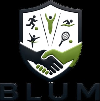 BLUM logo featuring a shield with sports icons and a handshake symbolizing partnership and athletic activities