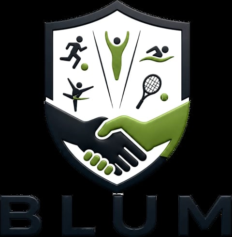 BLUM logo featuring a shield with sports icons and a handshake symbolizing partnership and athletic activities