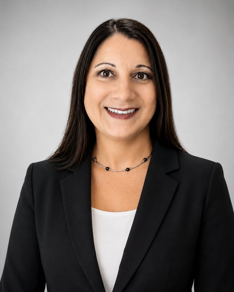 Black and white headshot of a woman with long dark hair, smiling at the camera, wearing a pinstriped blazer and beaded necklace