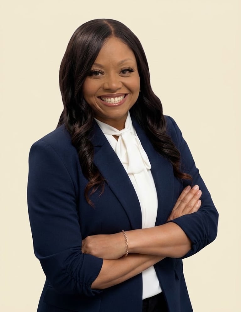 Professional headshot of a smiling woman wearing a dark blue blazer and white blouse, arms crossed, against a beige background