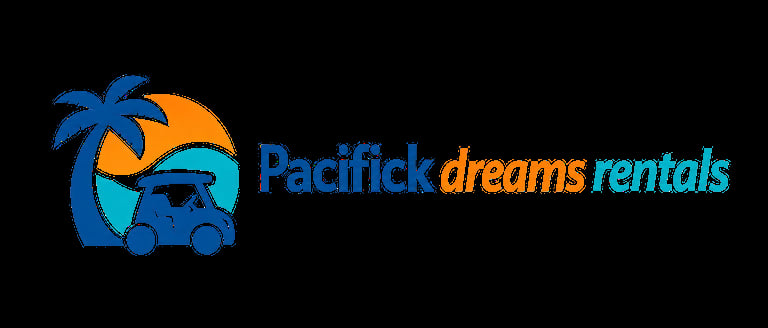 Pacifick Dreams Rentals logo featuring a palm tree, sun, and golf cart silhouette