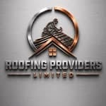 Roofing Providers United logo featuring a house roof with crossed tools and metallic circular design on gray background