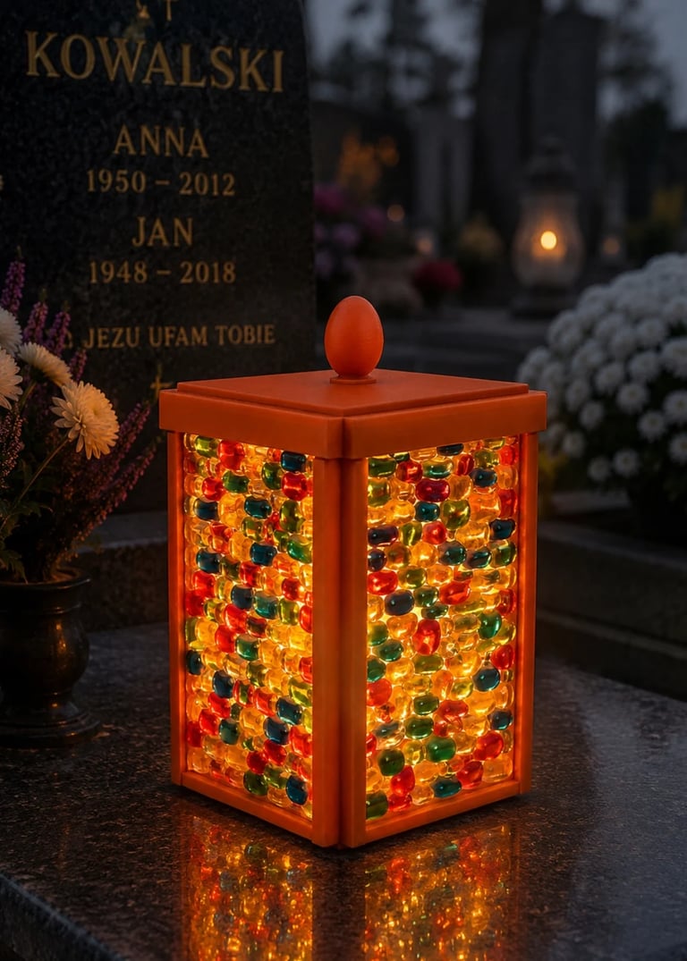Czerwony, podświetlany lampion pamięci przy nagrobku z polskimi napisami Kowalski, Anna 1950-2012, Jan 1948-2018