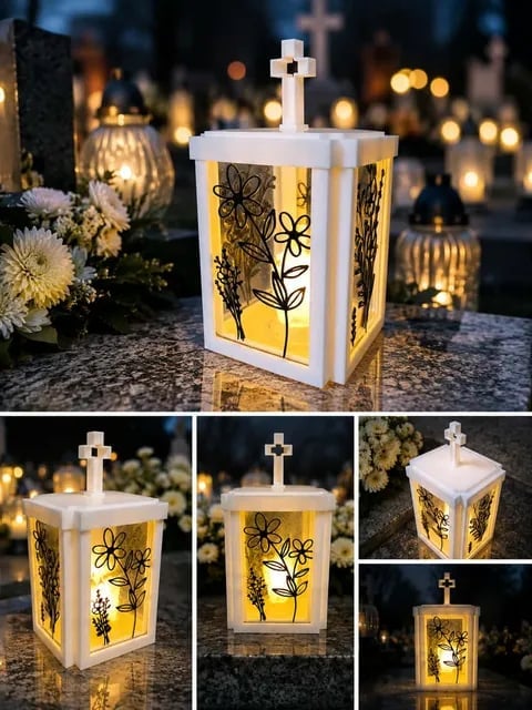 Biały lampion pamięci z krzyżem i żółtymi podświetlanymi panelami z czarnymi motywami kwiatowymi — ekspozycja na cmentarzu
