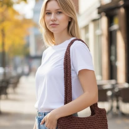 Young woman wearing white t-shirt and burgundy shoulder bag standing on urban street with blurred buildings behind her