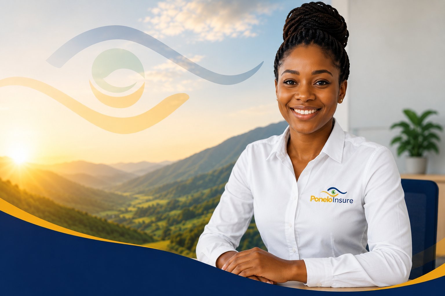 Professional woman in white branded shirt smiling at desk with mountain landscape and wellness logo in background