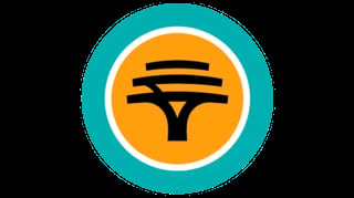 Circular teal and white icon with a stylized black tree symbol on a yellow center background
