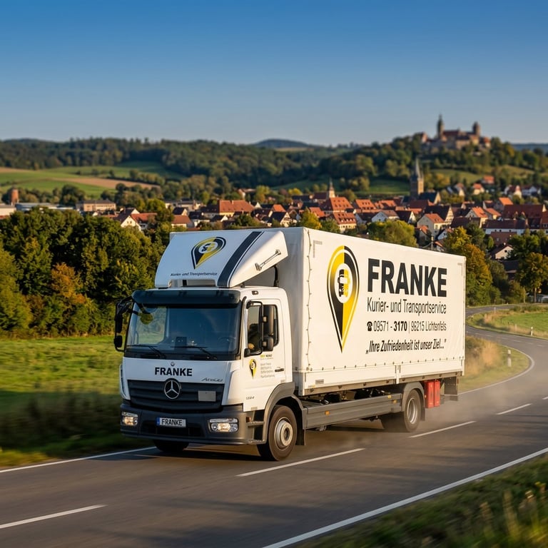 White Mercedes Franke delivery truck driving on highway with German village and forested hills in background