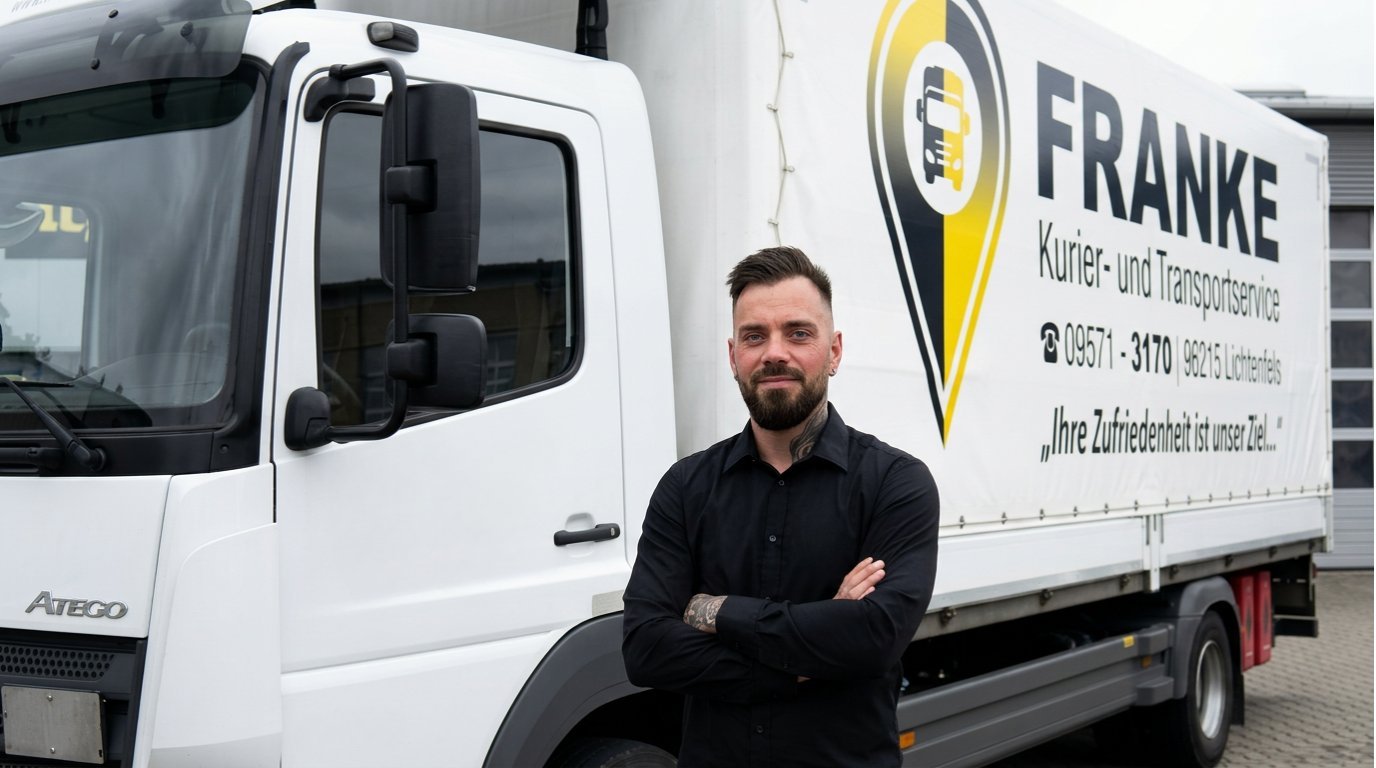 Man in dark shirt standing with arms crossed in front of white delivery truck with FRANKE company branding