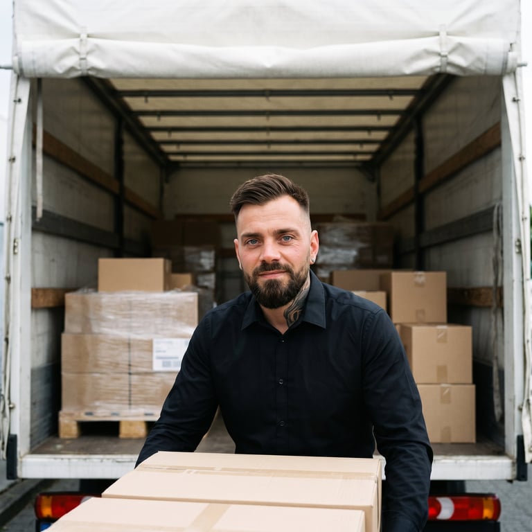 Man with beard in dark shirt standing at open truck bed filled with cardboard boxes and pallets