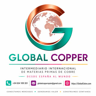 GLOBAL COPPER logo with world map, orange and teal curved design, Spanish copper trading company branding