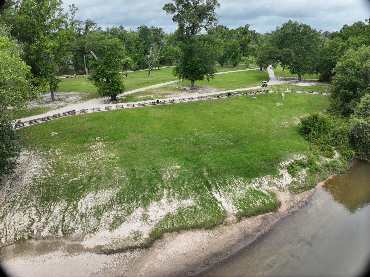 Aerial view of riverside park with green lawn, trees, and sandy bank along a winding river