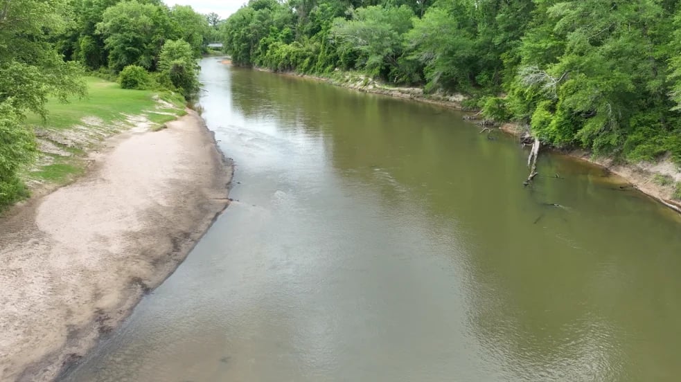 Wide river with calm water flowing through dense green forest and tree-lined banks on both sides