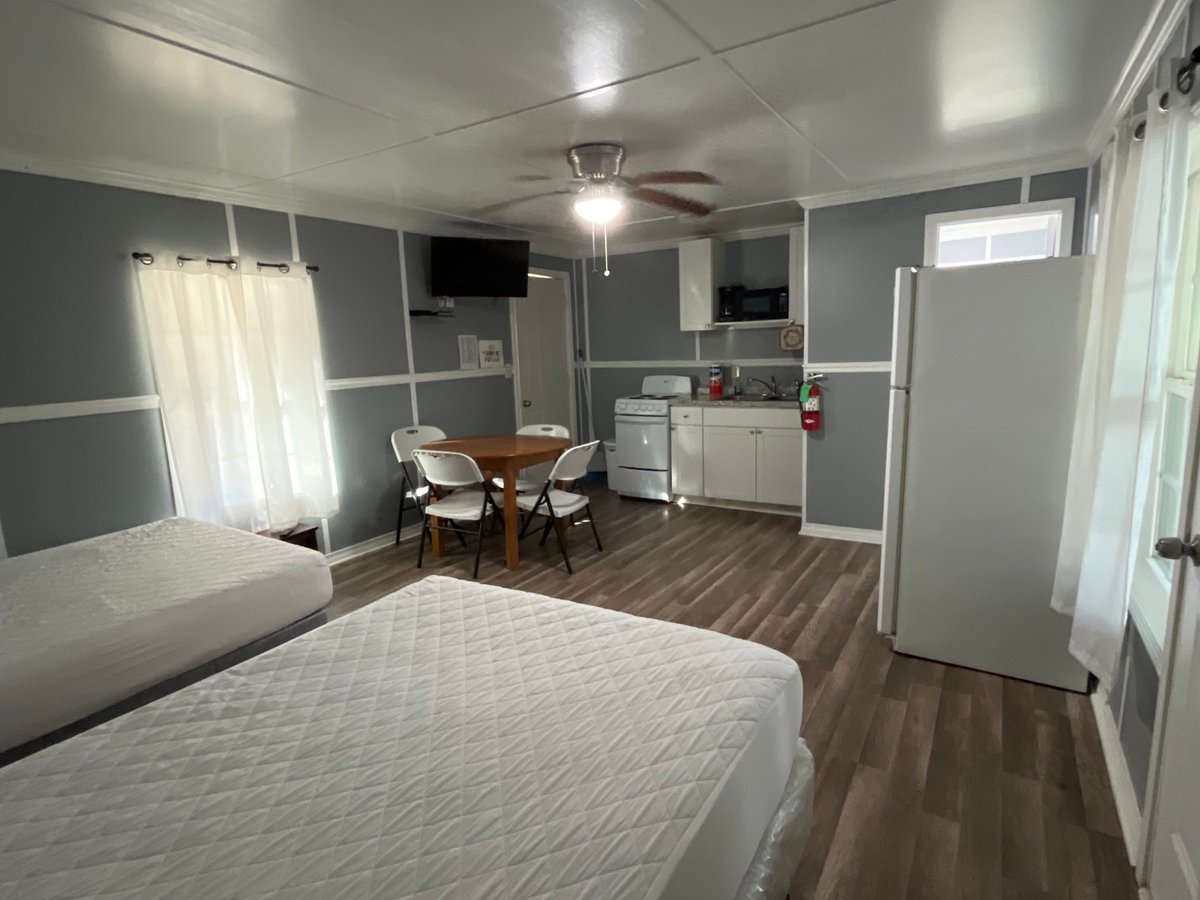 Studio cabin interior with two beds, kitchenette, dining area, and ceiling fan